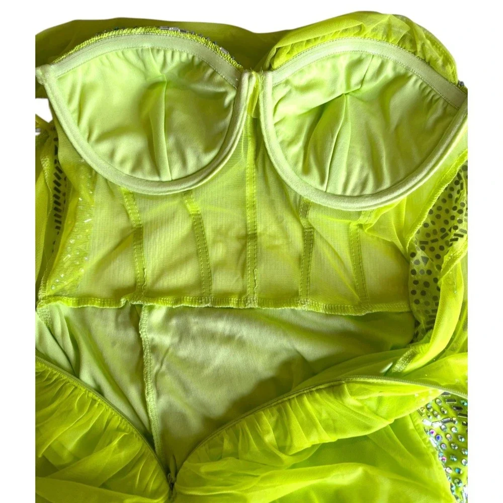 Banjul Neon Lime Green Corset Mini Dress Sz XS/S One Shoulder Rhinestone Beaded - Picture 6 of 11